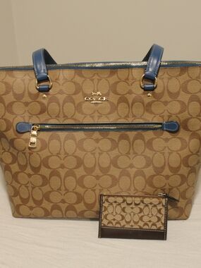 Coach Signature Canvas Tote with Blue Leather Trim